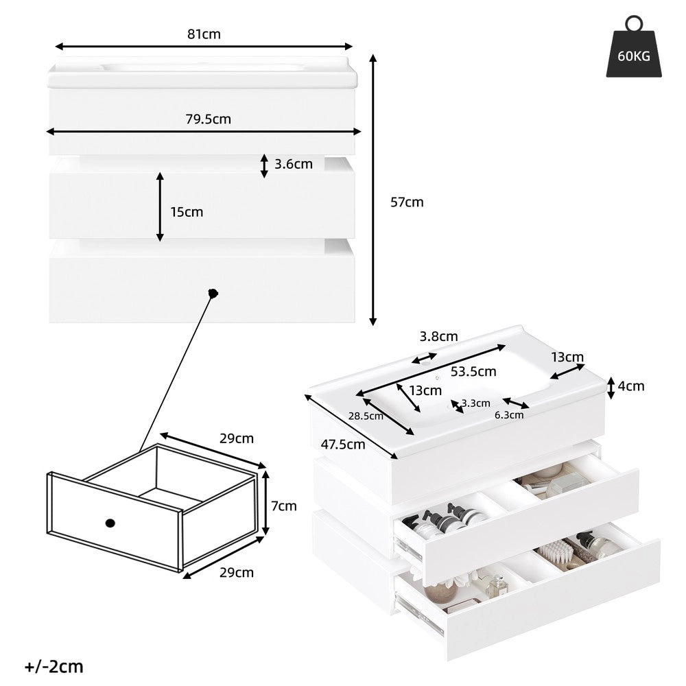 Mobile Bagno Sospeso con LED e Lavabo in Ceramica ¨C Xylo ¨C Bianco, Cassetti Soft-Close