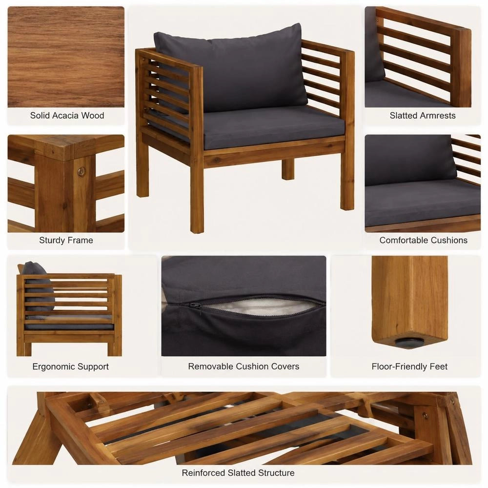 Garden Chair With Dark Grey Cushions, Solid Acacia Wood