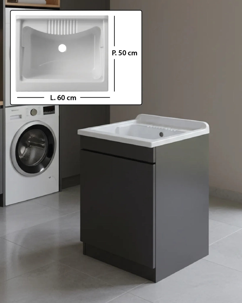 Mobile Lavatoio in legno Nobilitato Grigio con uno sportello e pilozzo lavabo in resina x lavanderia bagno Dimensioni (Larghezza x Profondità): L 60 x P 50 cm