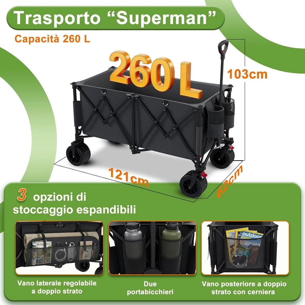 260L carrello spiaggia 200kg carrello con ruote portatutto grandi,carrellos pieghevole Con Braccioli Regolabili e Tasche Laterali per Giardino Campeggio all'aperto Ogni Tipo di Terreno, Nero