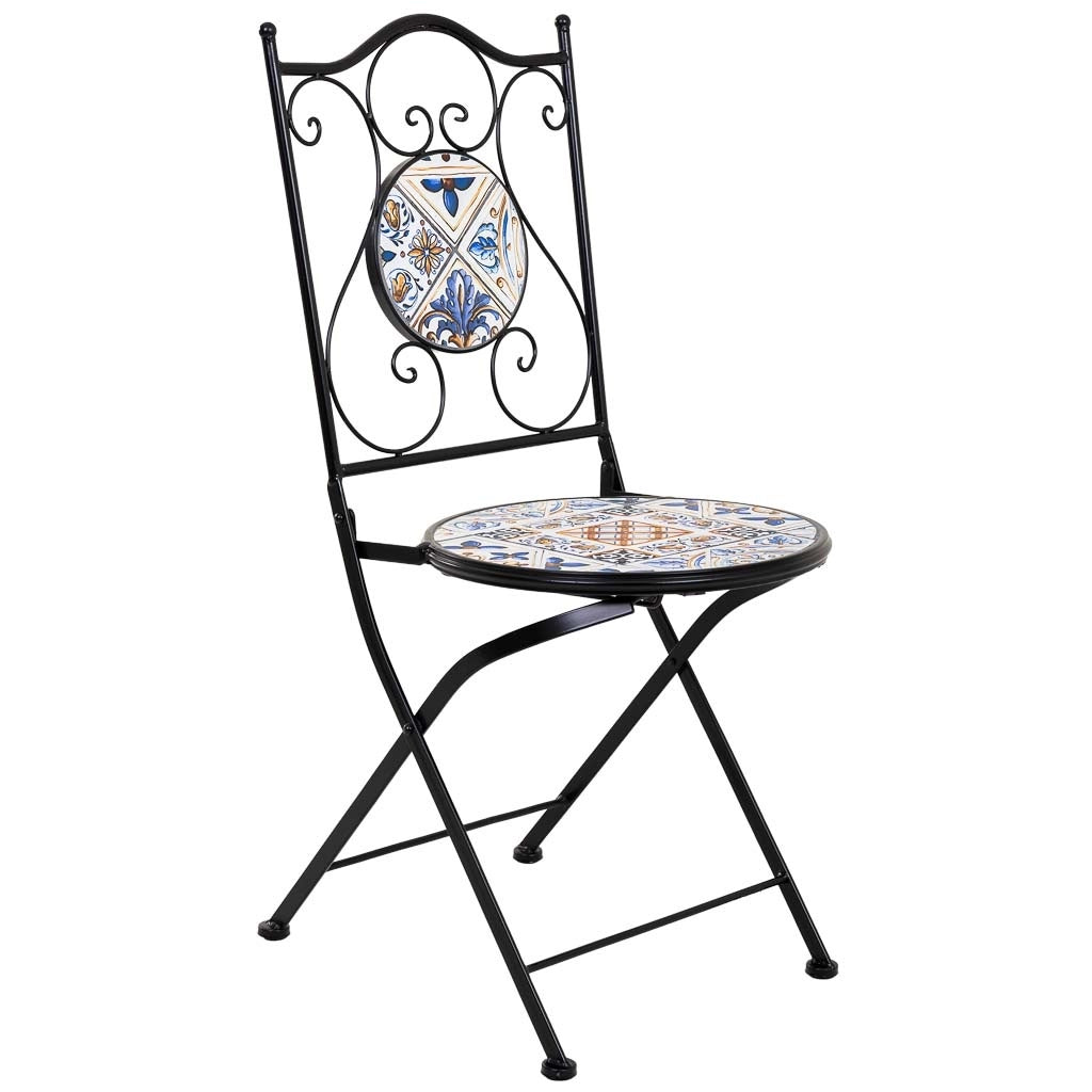 Set tavolo e due sedie in mosaico nero e ferro battuto tavolo: D60x75h - sedia (2): D38x46-90h