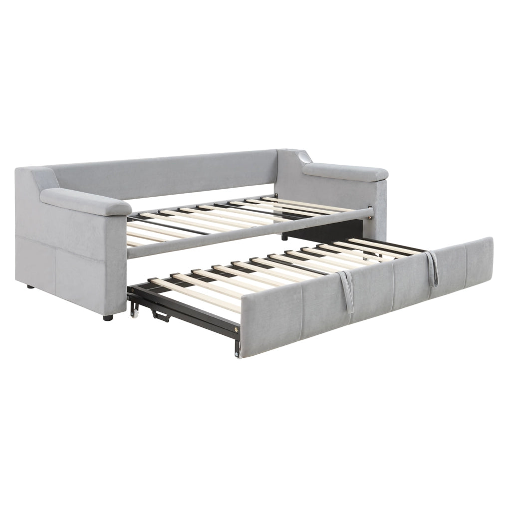Divano letto imbottito con Bluetooth; USB e scomparti nei braccioli; 90/180x190 cm; grigio