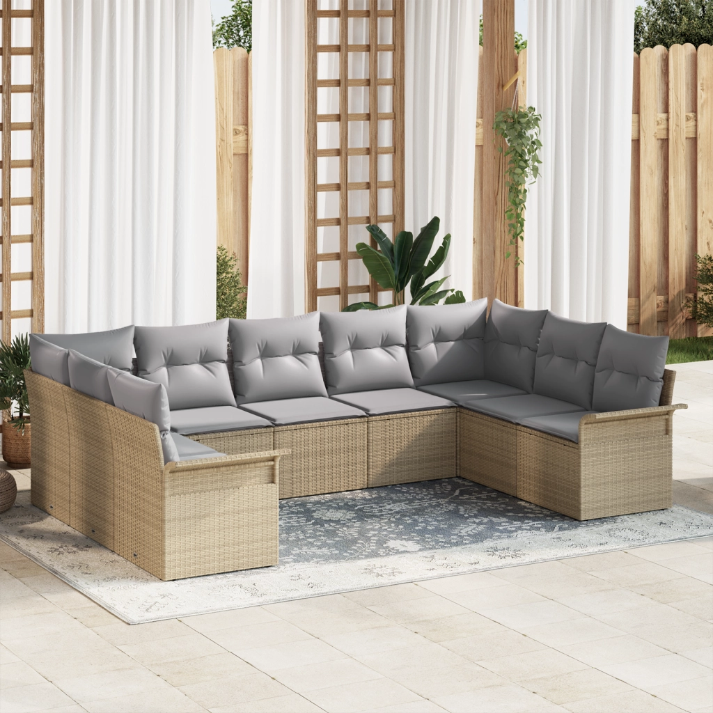 Set Divano da Giardino 9 Pezzi con Cuscini Beige Rattan Sintetico