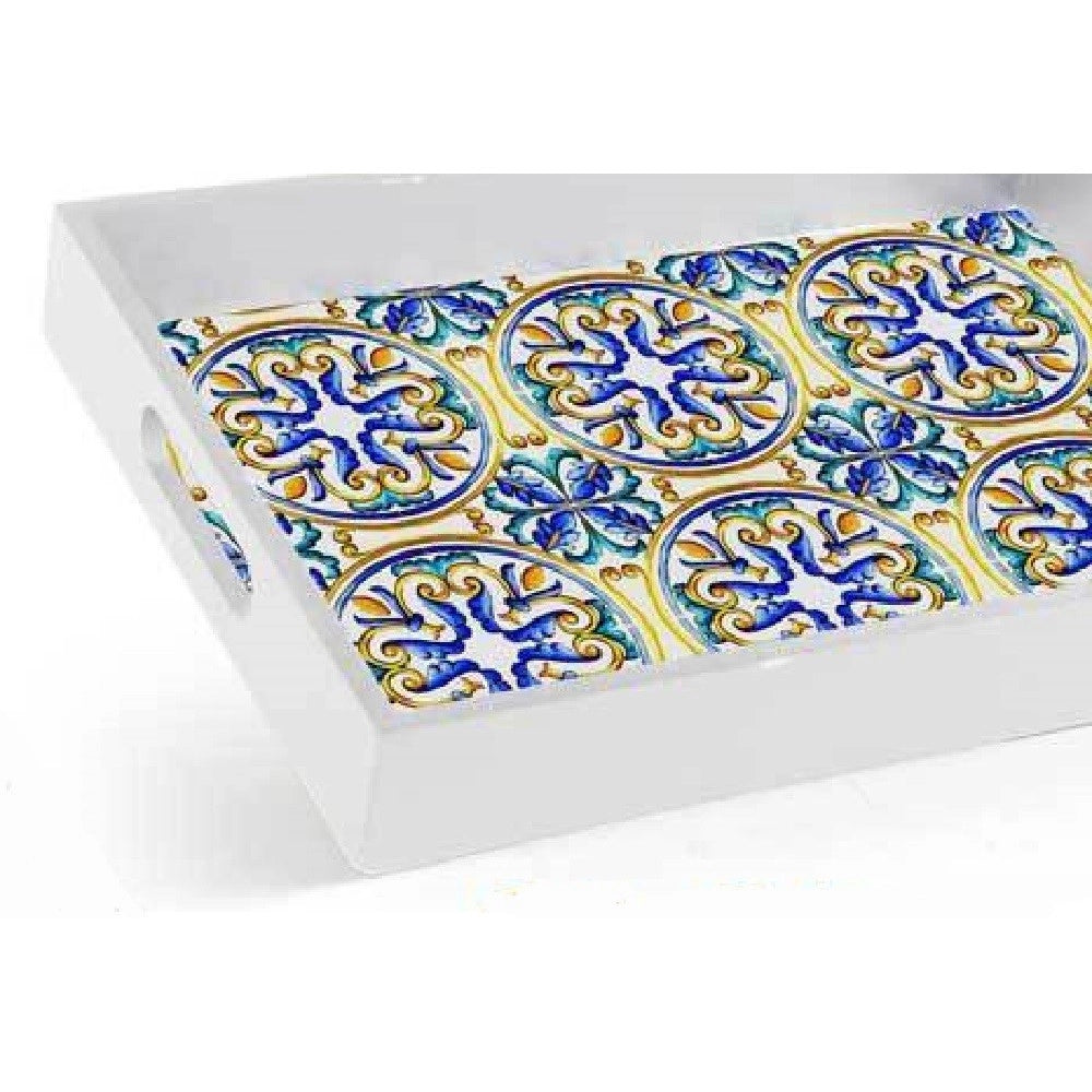 Trade Shop - Vassoio Portata Rettangolare Legno 20x26x4cm Con Manici 2 Decori Mosaico 822124 -