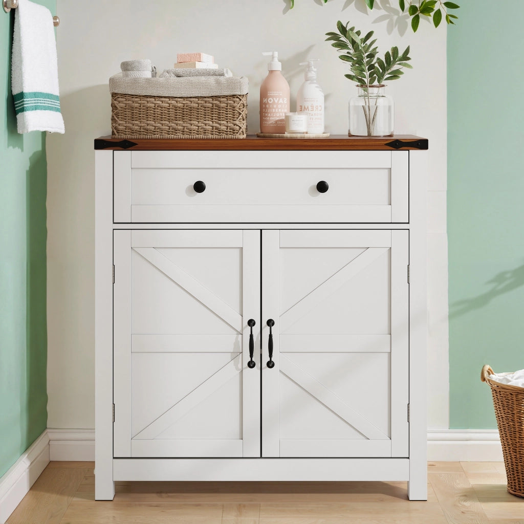 Credenza multifunzionale in stile country con cassetto, ante a fienile e ripiano regolabile, bianca