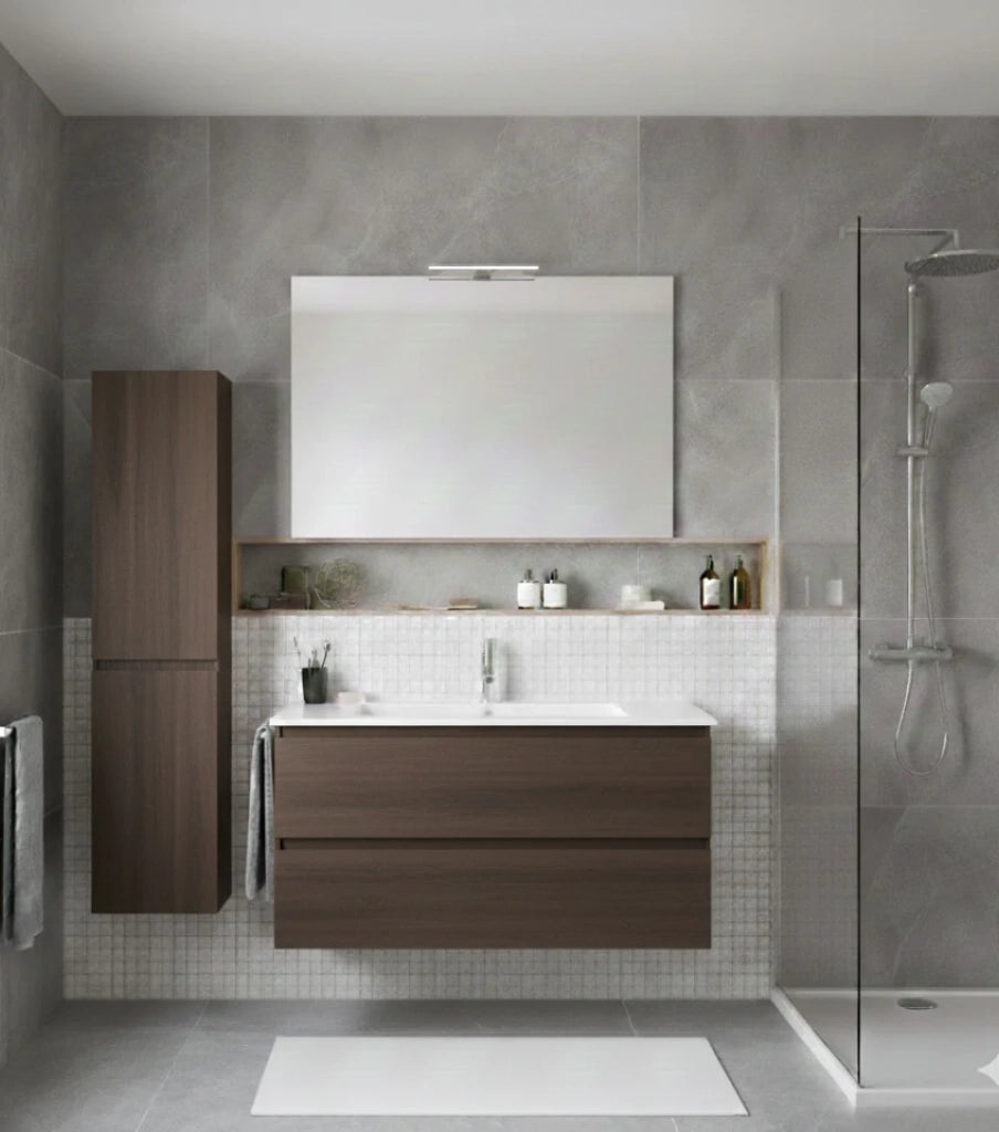 Mobile Bagno LOKI Già Montato 2 cassetti con piedini, lavabo e specchio Frassino tea 100x45 cm con colonna