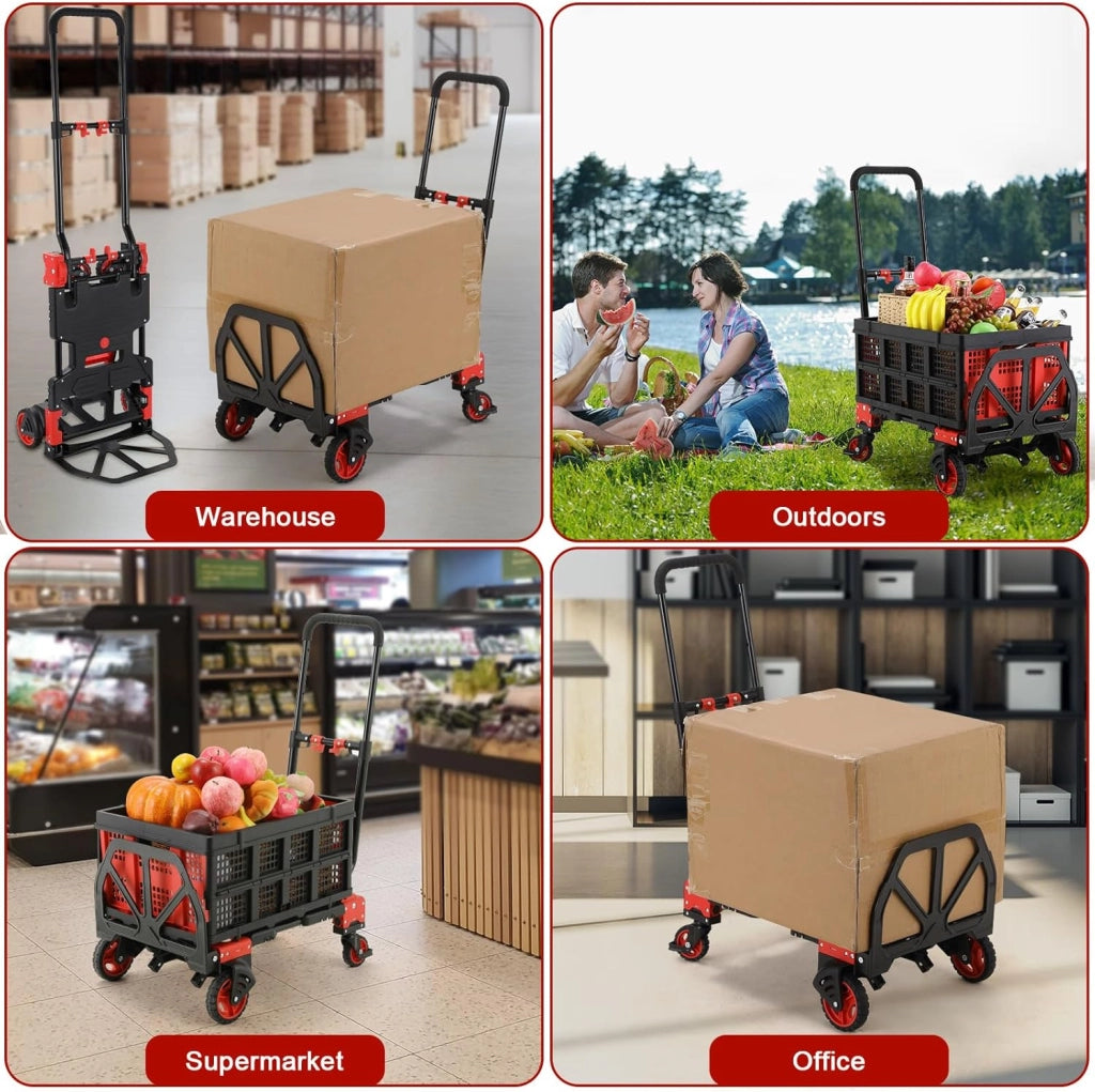 Carrello 2-in-1 con con Grande Scatola Pieghevole, Carrello a Piattaforma max. 150 kg, 2 Elastici con Gancio, Regolabile in Altezza a 3 Livelli, per Trasporto, Shopping, Campeggio, Trasloco (Rosso)