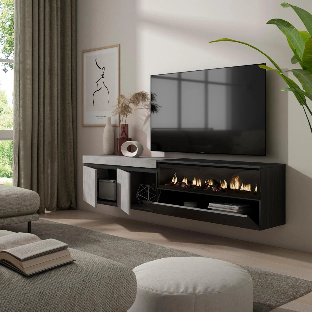 Mobile TV, 200x35x45cm, soggiorno, Per TV fino a 80", Camino elettrico, da appendere, grigio cemento RF2231