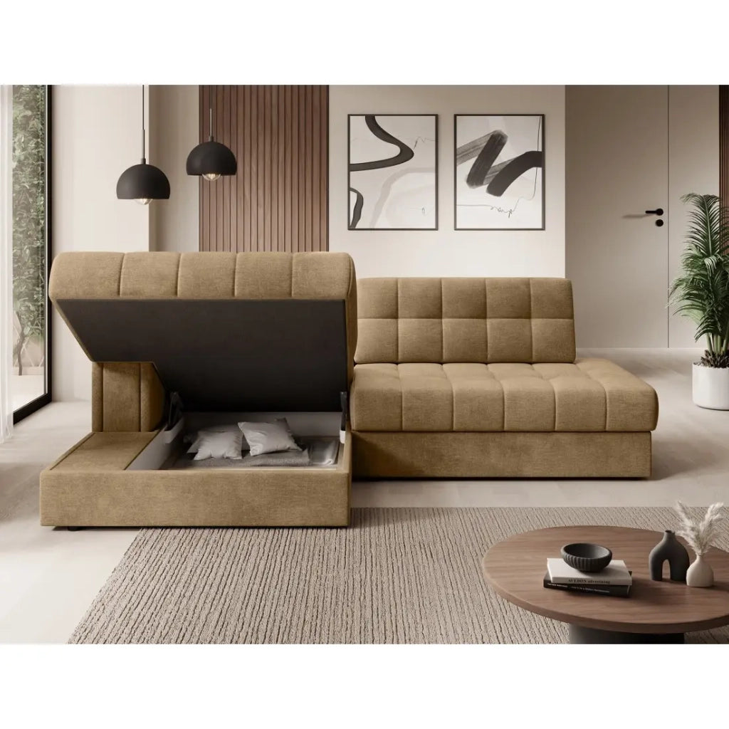 Divano angolare trasformabile CUBITO beige 240 cm con contenitore e letto