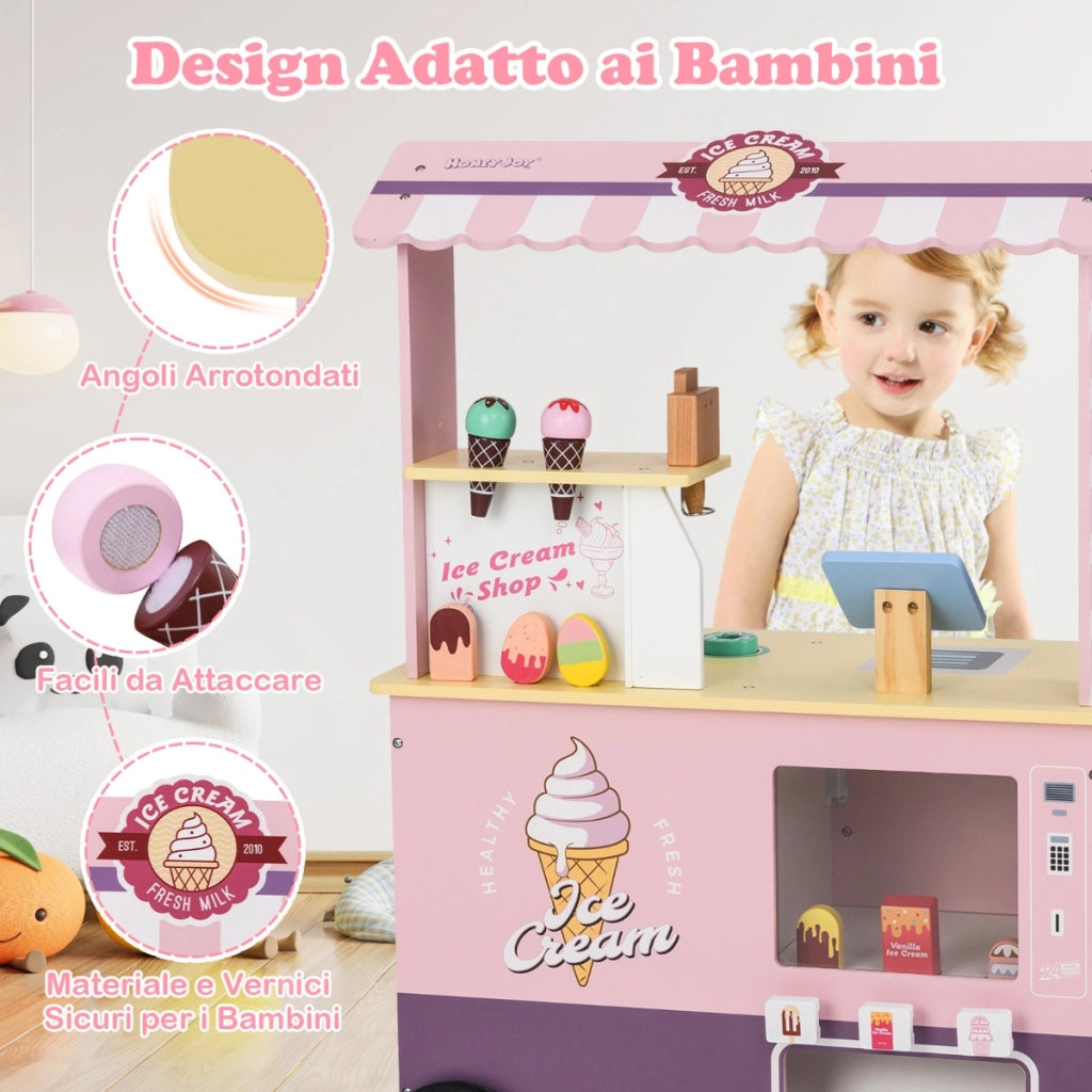 Set gioco di finzione con macchina di gelato per bambini, Carrello dei gelati con distributore automatico Rosa-Cucine giocattoli