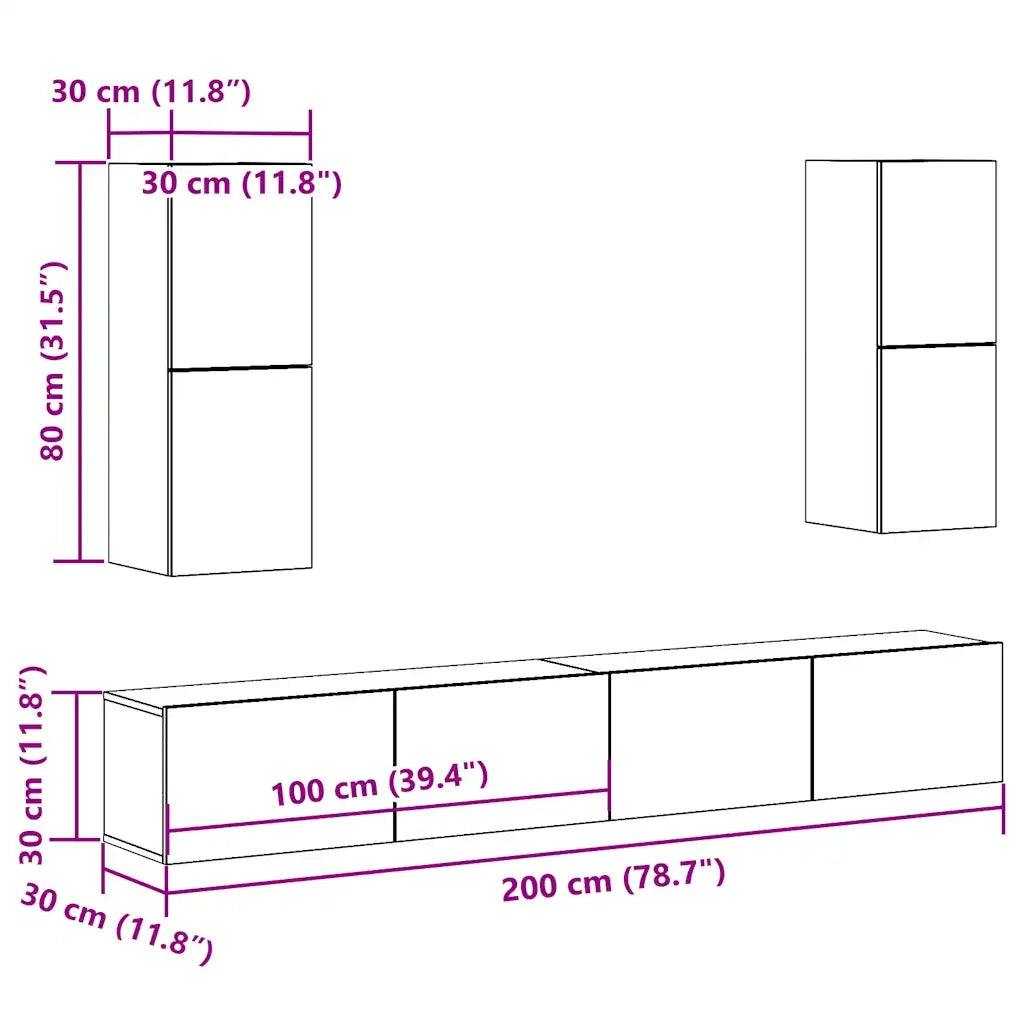Set Mobile TV 4 pz Montato a Parete Rovere in Legno Multistrato 3329018