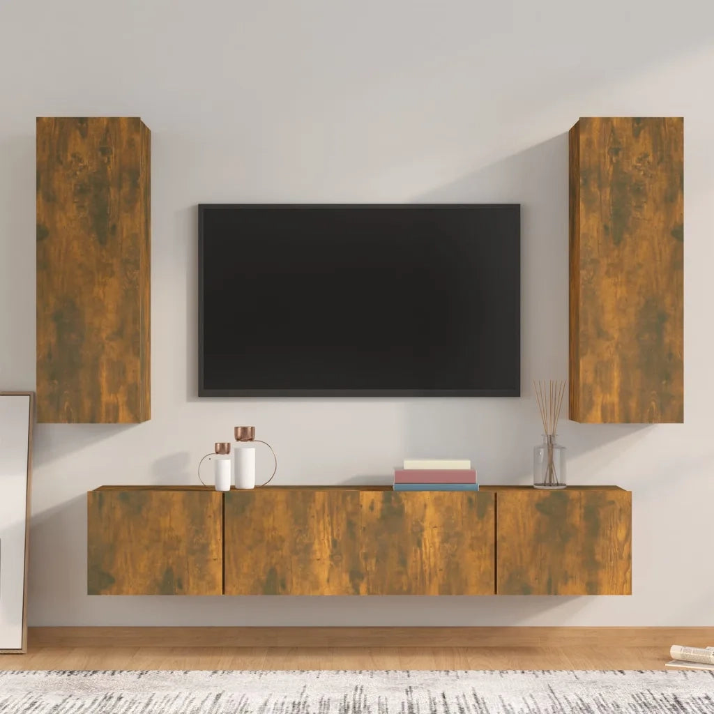 Set di Mobili Porta TV 4 pz | Armadietto TV | Mobile Porta TV Rovere Fumo in Legno Multistrato