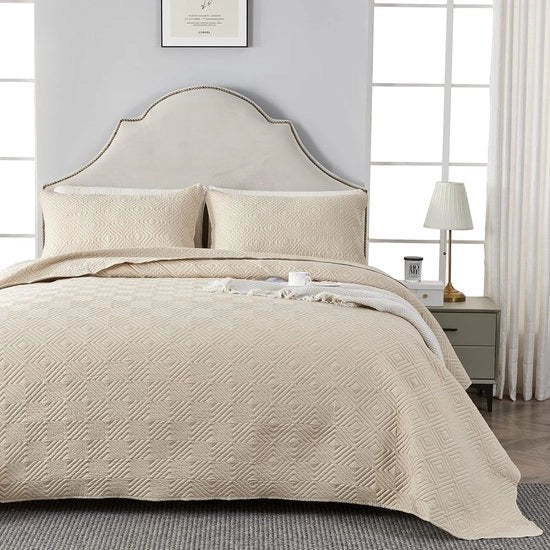 Bedsprei da letto 180x220cm beige, microfibra, set da letto con 1 cuscino 50x75cm, coperta da letto imbottita con scialle 3D ultra.
