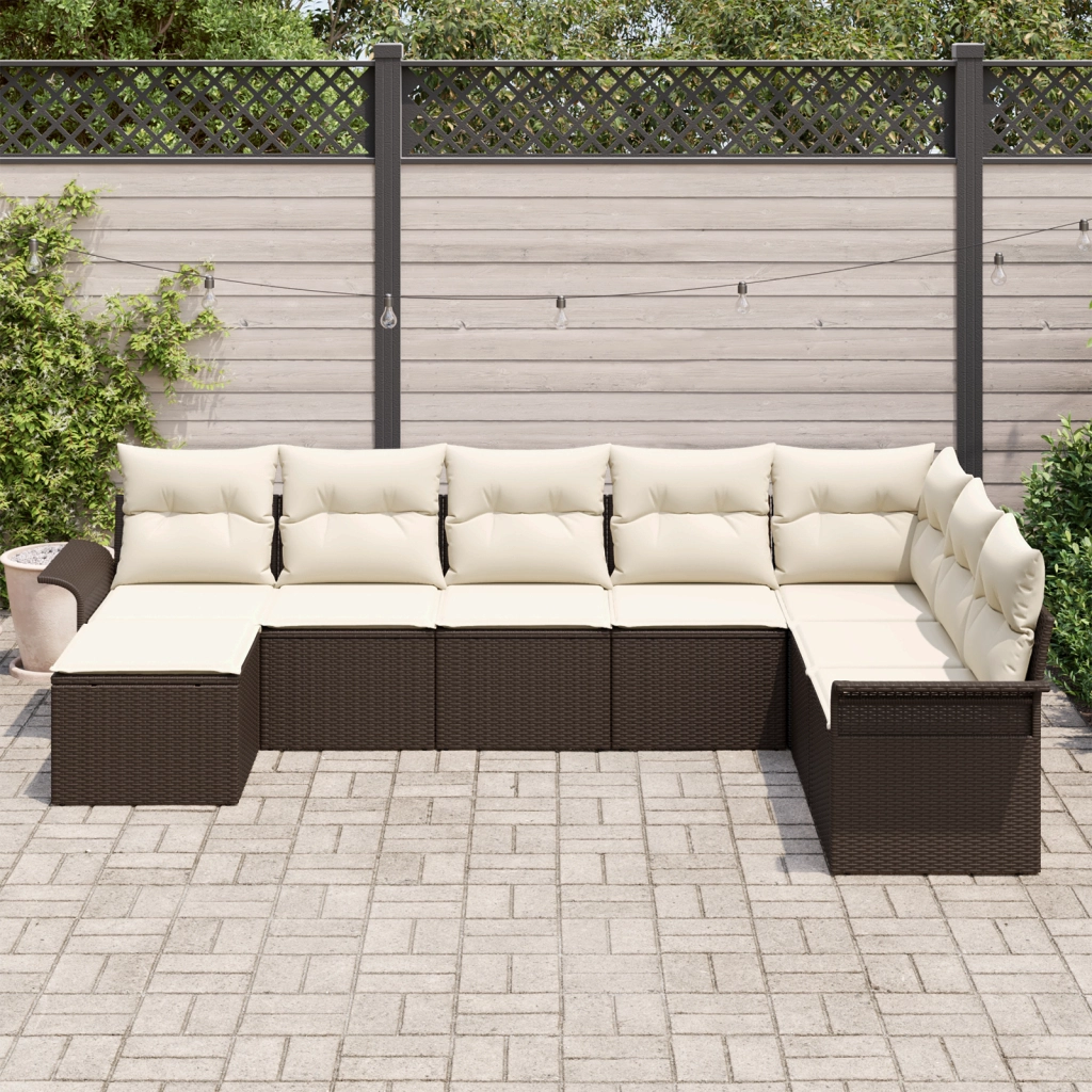 Set di divani da giardino con cuscini brown poly rattan 8 pezzi