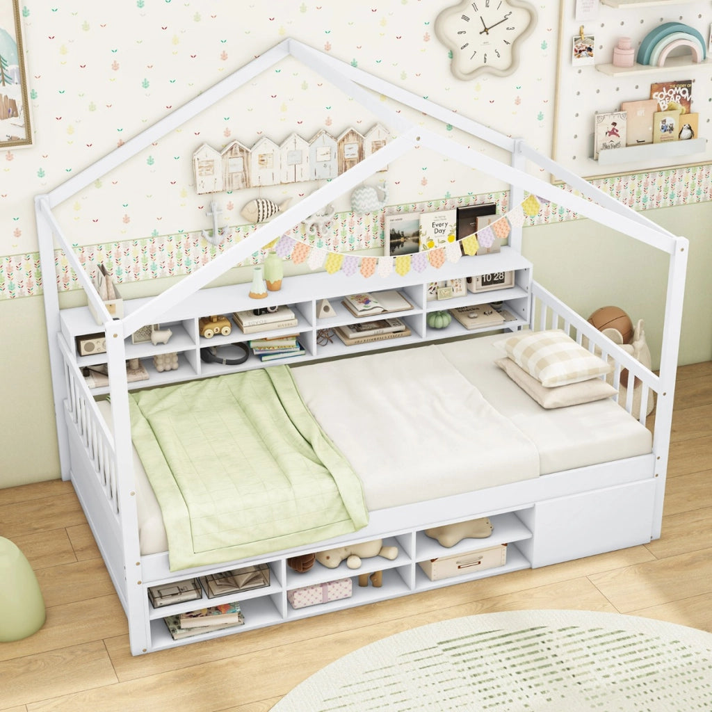 Letto a castello con tetto in legno, Struttura per letto matrimoniale con 14 cubi di stoccaggio Bianco-Lettini per bimbi