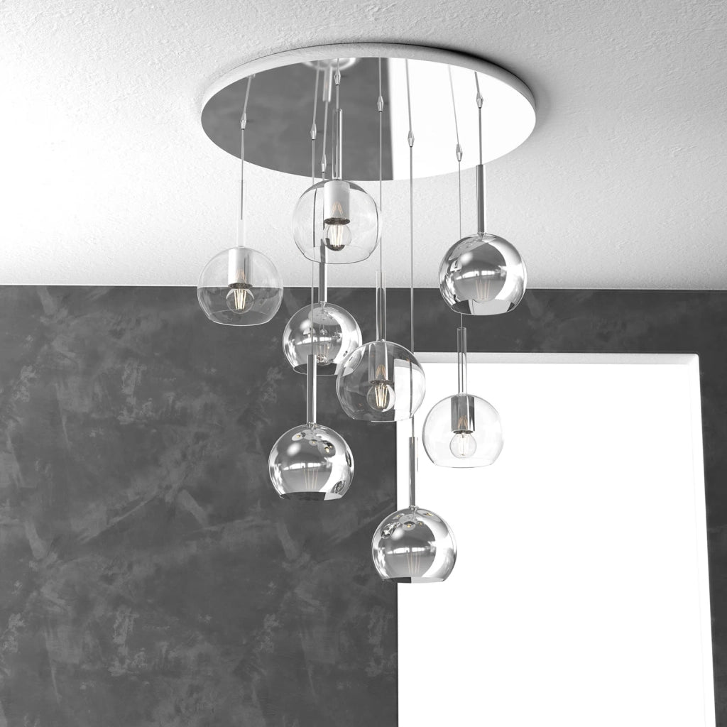 Lampadario Contemporaneo Future Metallo Cromo Vetro Trasp-Cromo 8 Luci E27