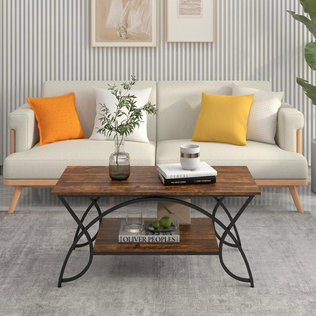 Tavolino da Caffè Oro, Tavolo da Salotto con Gambe in Metallo, Tavolino con Effetto Marmo per Soggiorno, Studio, Camera,110 x 50 x 46 cm (Marrone)