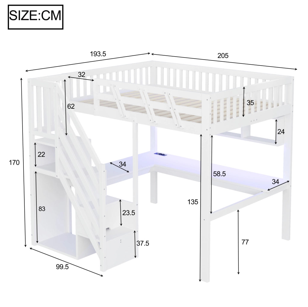 Letto a soppalco 140x200 cm con scrivania; scala contenitore; LED e prese; bianco