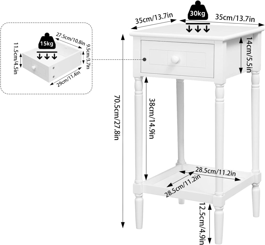 Comodino Alto con Cassetto e Ripiano Aperto, Tavolino da Divano 35x35x70,5cm, Tavolino da Salotto Bianco per Camera da Letto, Soggiorno, Stile Barocco, Gambe in Legno Massello, NTS09ws