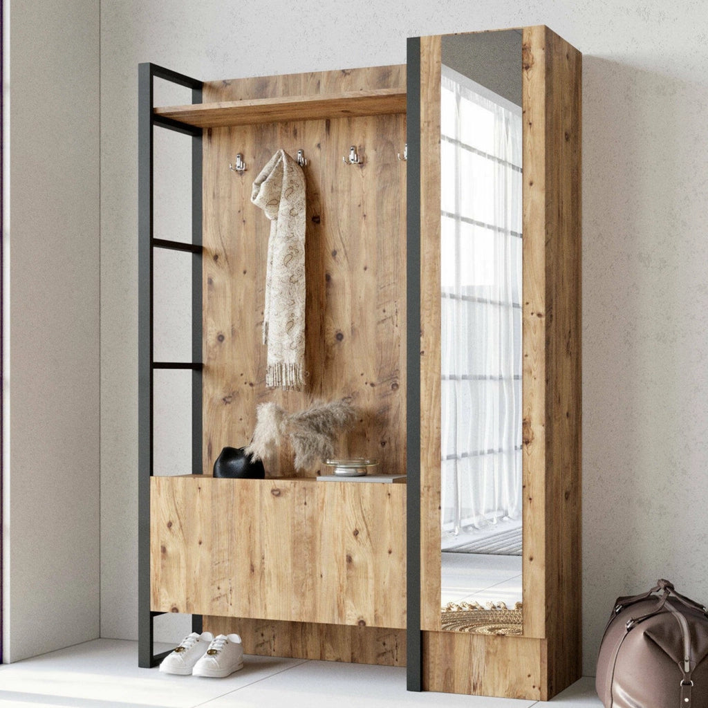 Damasco, Mobile da Ingresso Specchio Incluso, 126x34x180h cm Marrone Quercia
