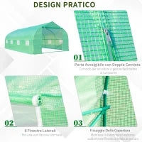 Serra a Tunnel con 8 Finestrelle Laterali e Ingresso Avvolgibile, in PE e Acciaio, 6x3x2 m, Verde