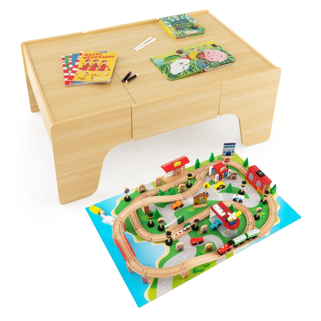 Set di trenini in legno con tavolo reversibile e staccabile cassetto capiente, Tavolo da gioco per bambini 84 Pezzi