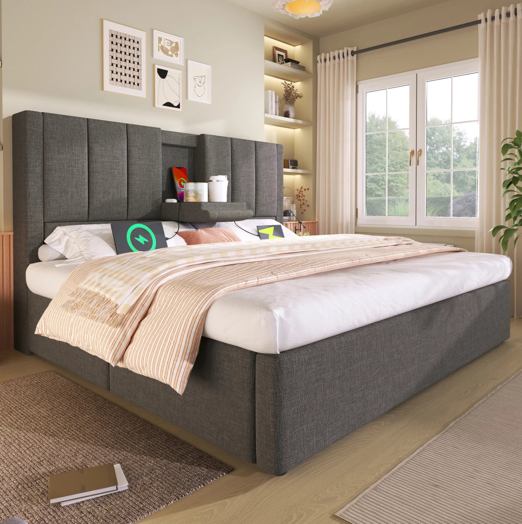 Letto imbottito 160x200 cm grigio con materasso e ricarica USB
