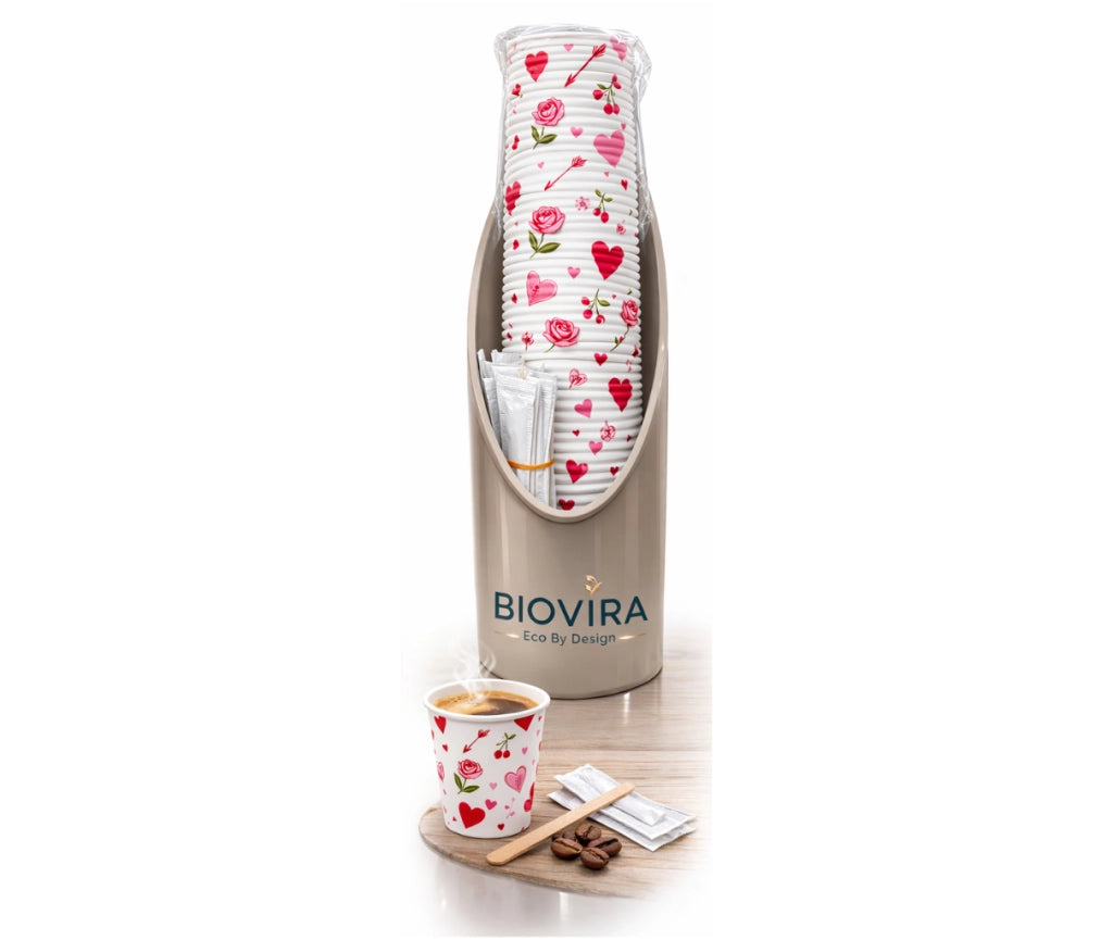 BIOVIRA Kit Angolo Caffè Tortora – Made in Italy | Porta Bicchierini + Bicchierini Cuori + Palette Imbustate
