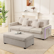 Divano angolare L-form con LED, pouf multifunzione, tessuto a coste beige