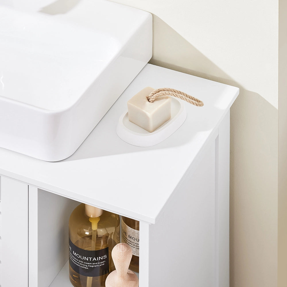 SoBuy Mobile Sottolavabo Bagno con 2 Ante e Ripiano Aperto – Mobiletto Bagno Sottolavabo in MDF E1, Ripiano Regolabile, Capacità 42kg – Mobili Salvaspazio 80x31,5x60,5cm BZR210-W