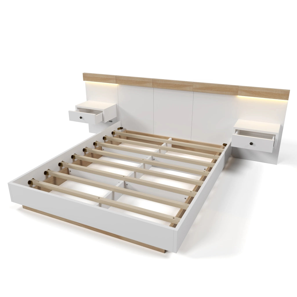 Letto Matrimoniale 180 x 200 cm con 2 Comodini LED; USB e Tipo C; senza Materasso; in Legno; Bianco e Rovere