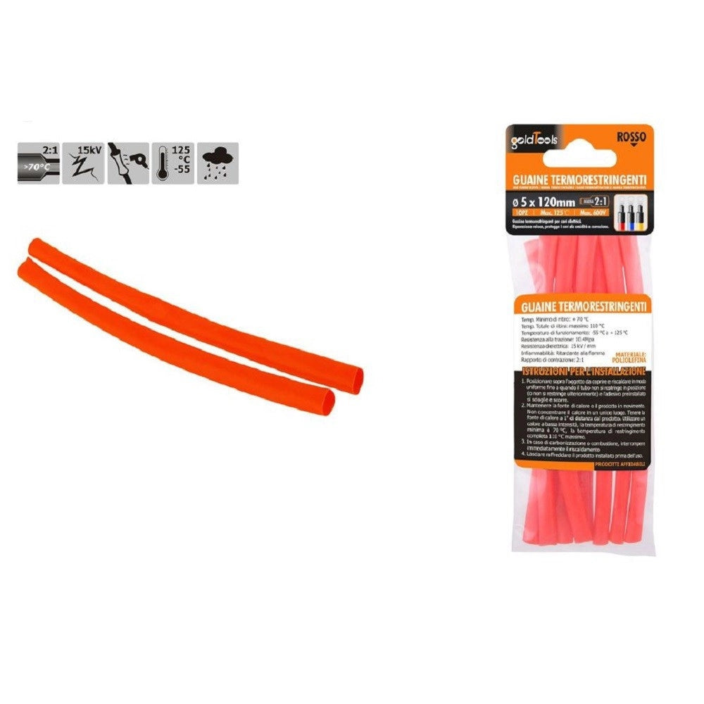 Trade Shop - Set 10 Pz Guaine Termorestringenti Termoretrattili Rosse 5x120 Mm Per Cavi 57083 -