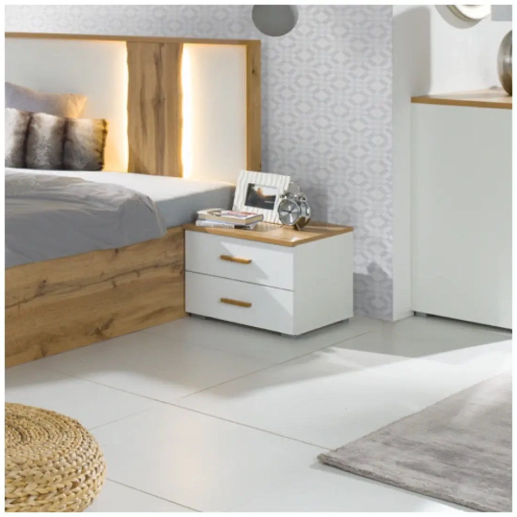 Pack letto contenitore WOOD 180 x 200 cm con 2 comodini – Bianco e quercia – Set camera da letto moderna