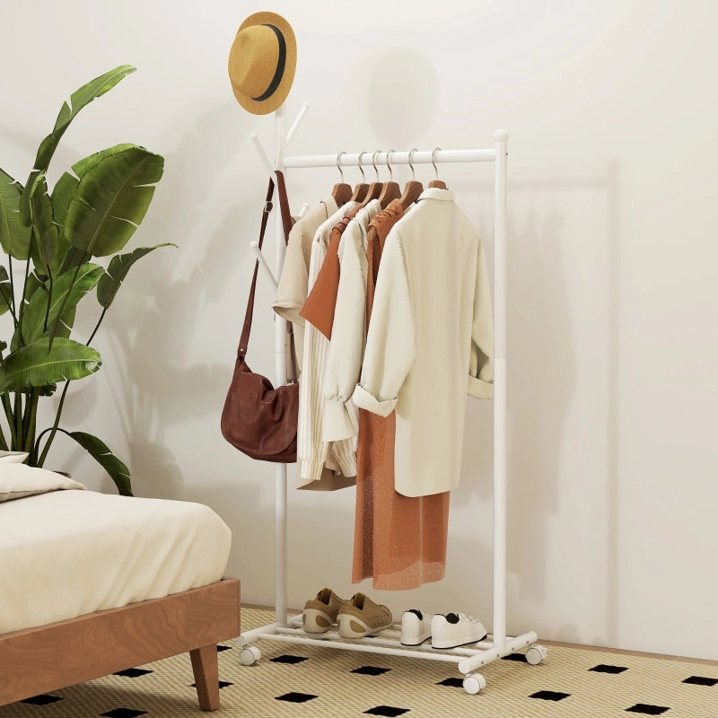 PORTA ABITI Mobile 68x43x171 cm Metallo Bianco con 5 Ganci e scarpiera