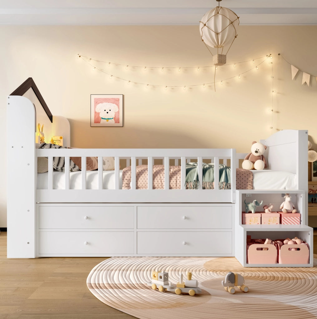 Letto semialto per bambini 90x200 cm a casetta con LED, scala contenitore e cassetti, bianco