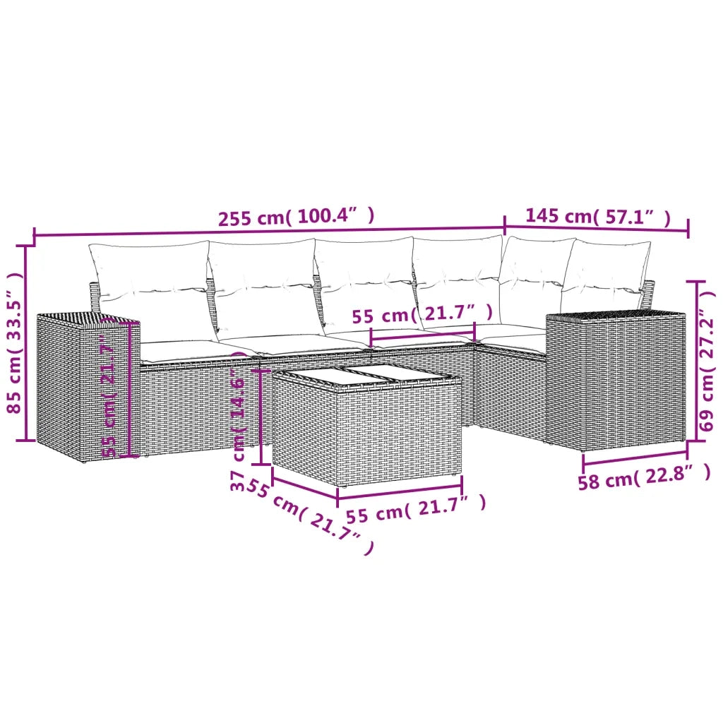 Set Divano da Giardino 6 pz con Cuscini Beige in Polyrattan