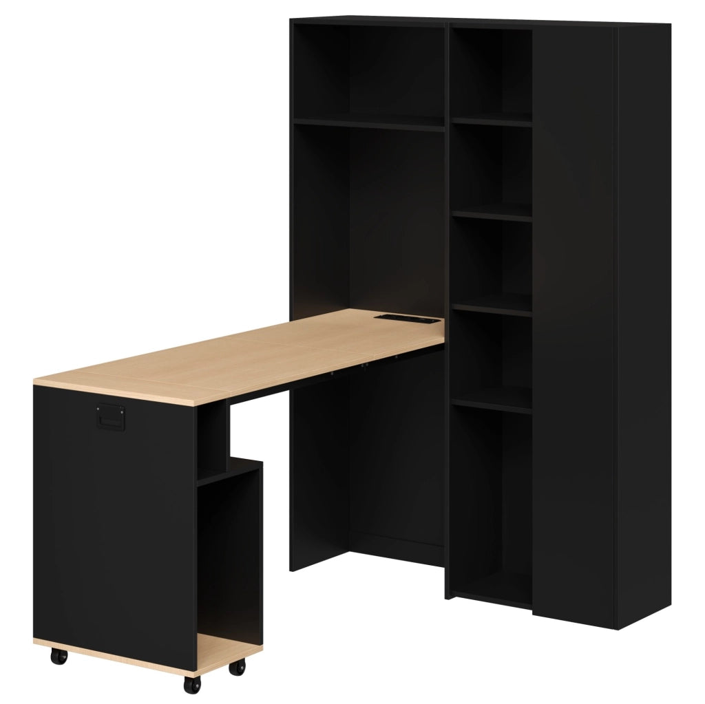 Scrivania pieghevole 2 in 1 con libreria; presa EU e USB; MDF; Nero/Rovere