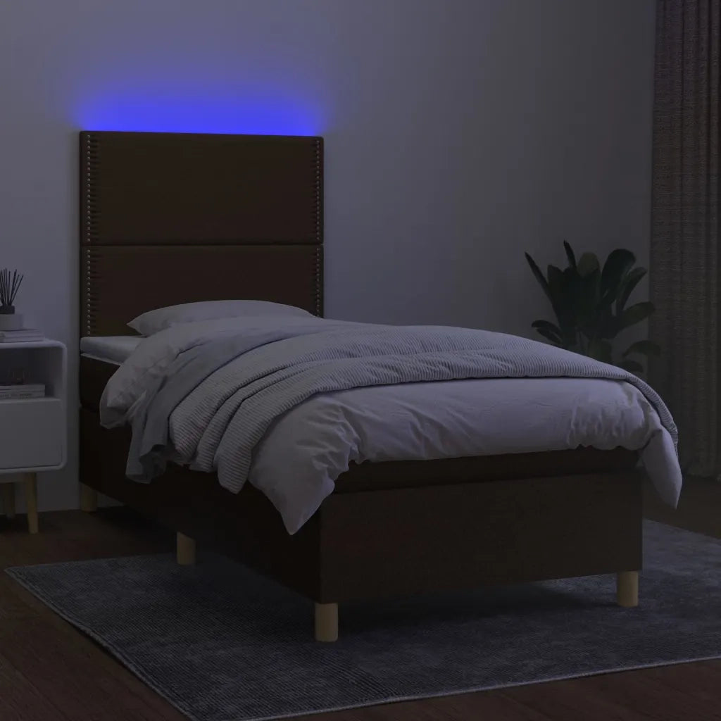 Letto a Molle Materasso e LED Marrone Scuro 100x200 cm Tessuto 3135336