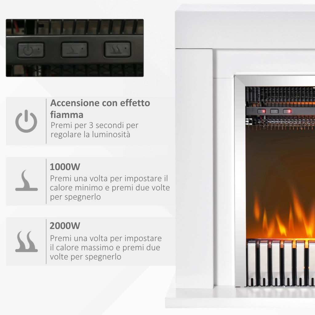 EasyComfort Camino Elettrico da Terra con Effetto Fiamma Realistico, Caminetto Elettrico con Termostato, Protezione da Surriscaldamento, Timer e Telecomando, 1000W e 2000W, 79x26x77.5cm, Bianco e Nero