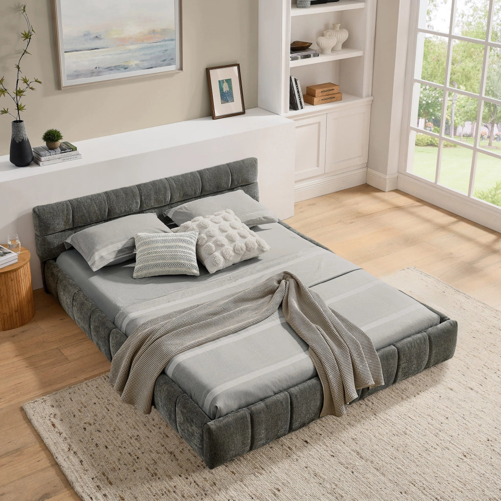 Letto matrimoniale 140x200 cm in chenille grigio scuro con struttura in legno di eucalipto e ferro