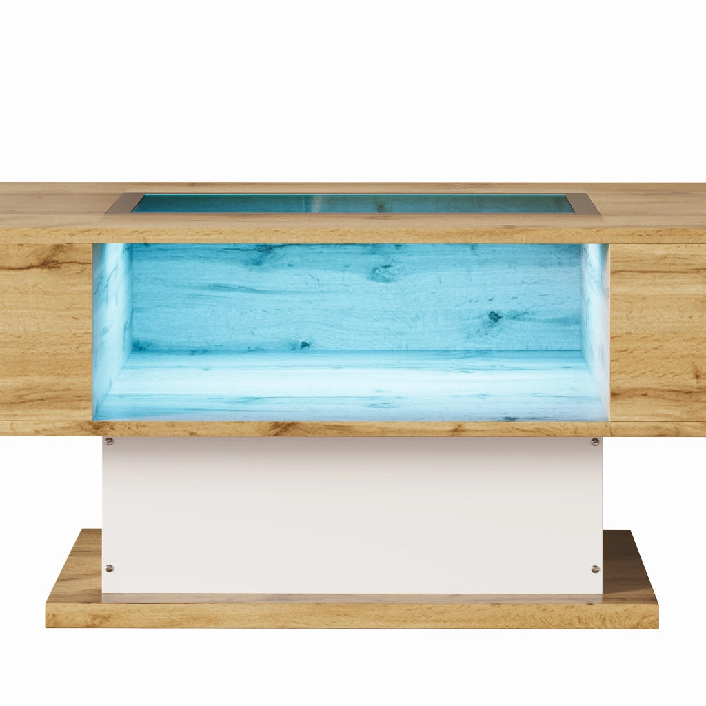 Tavolino da Caffè con 2 Cassetti e LED Regolabile; Piano in Vetro; Stile Moderno; in Pannello di Particelle; 110;2×60×39;7 cm; Naturale
