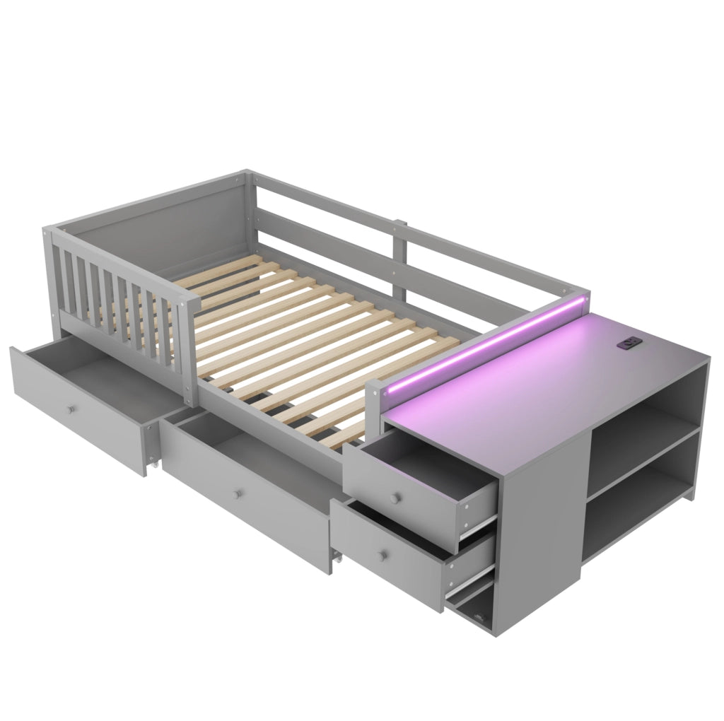 Letto a soppalco 90 x 200 cm con contenitore indipendente; presa integrata e LED; grigio
