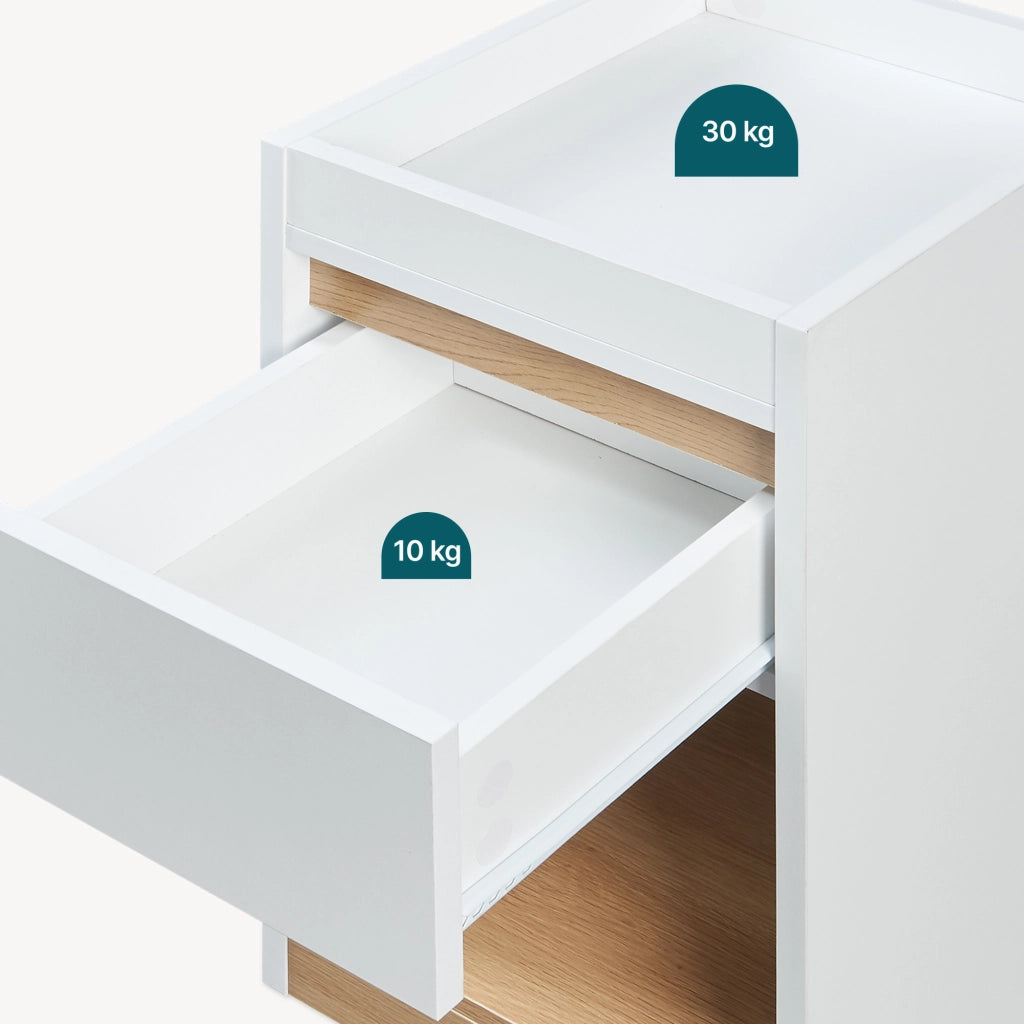 Comodino Lure con Cassetto e Vano Aperto Mobiletto Laterale 55 x 30 x 35 cm - Bianco/Effetto Rovere [en.casa]