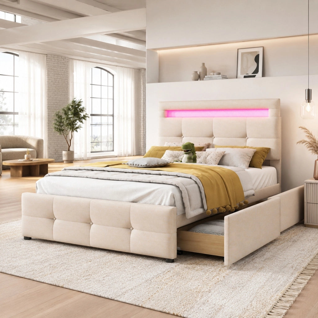 DESMIU Lit simple 90 × 200 cm con 2 cassetti, LED, testiera regolabile, senza materasso, beige