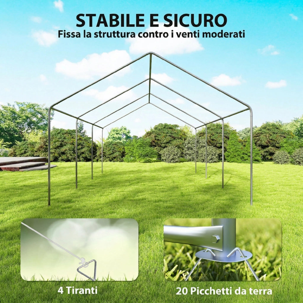 Gazebo da Giardino 597x395x302 cm con Pannelli Laterali 6 Finestre e Doppio Ingresso in Acciaio Galvanizzato Bianco