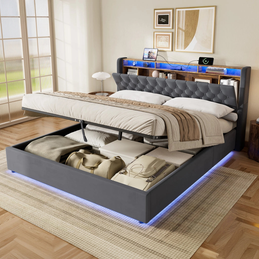 LETTO Imbottito 180 x 200 cm in Velluto Grigio Scuro con Contenitore