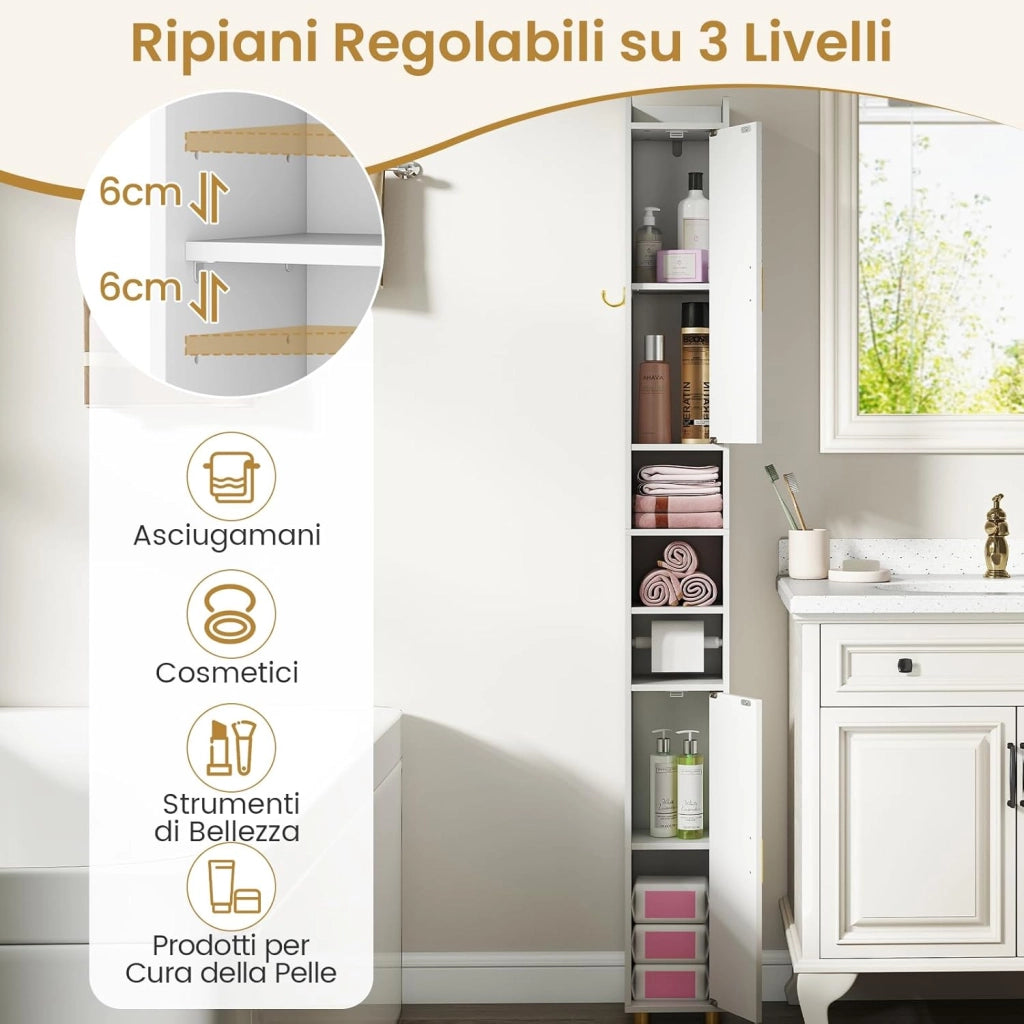 Mobiletto Bagno Salvaspazio 20 x 20 x 179 cm, Armadietto Stretto con 2 Ante, Ripiani Regolabili e Gancio Laterale, Armadio Salvaspazio per Cucina, Ufficio e Soggiorno (Bianco)