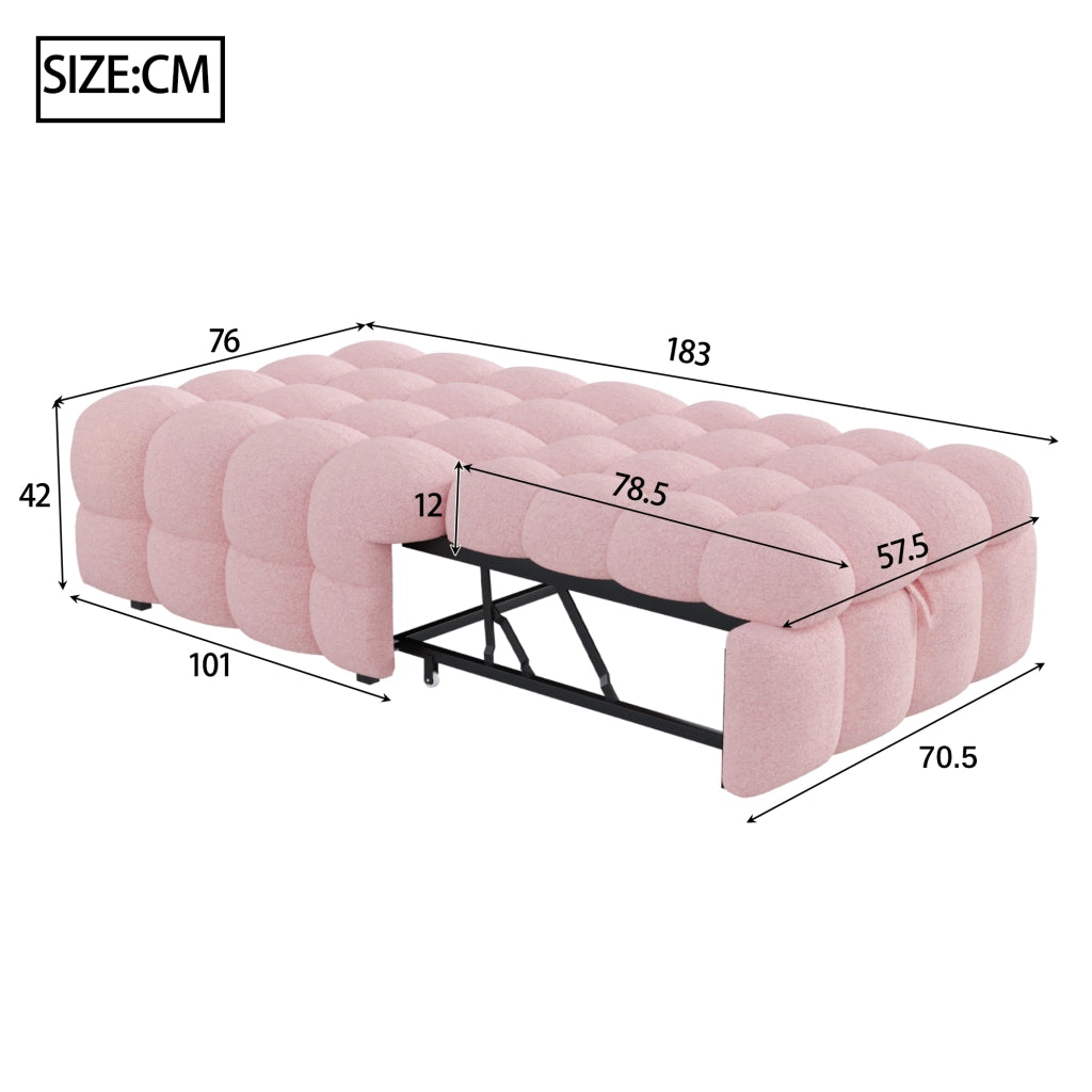 Divano Letto 1 Posto Convertibile 2 in 1 con Poggiapiedi; Rivestimento Teddy; Struttura Metallo Legno; Rosa