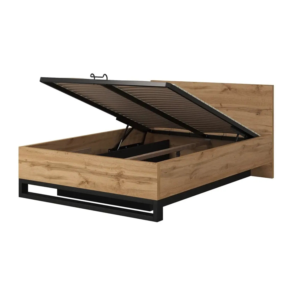 Letto contenitore 140x200 stile industriale - Collezione MILOS. Colori rovere grezzo e nero.