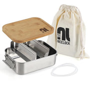 Bentobox in acciaio inossidabile con coperchio in bambù 1200ml | Bentobox con scomparti | Bentobox ecologica | Bentobox con distributori | Bentobox con coperchio in legno (disegno di coperchio rotante)